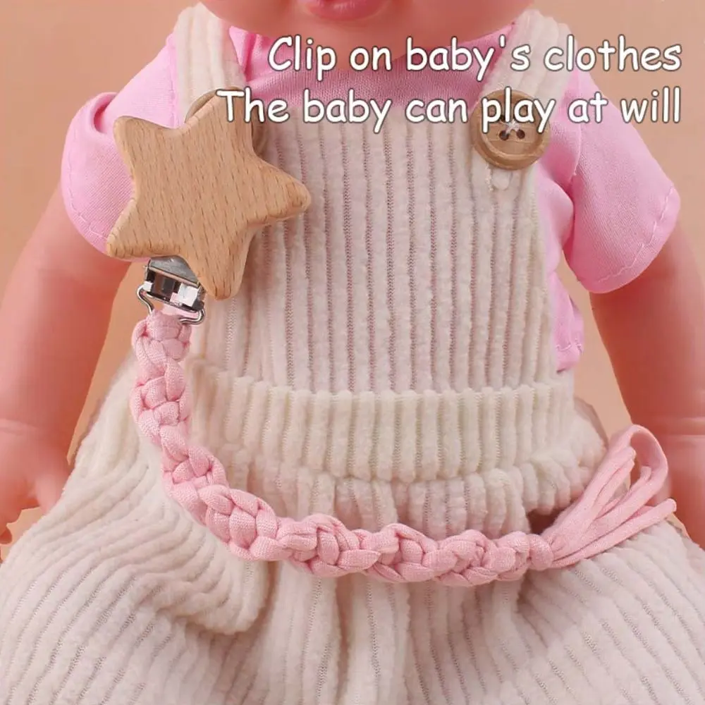 Clip chupete anticaída con cadena de madera trenzada para bebé - imagen 3