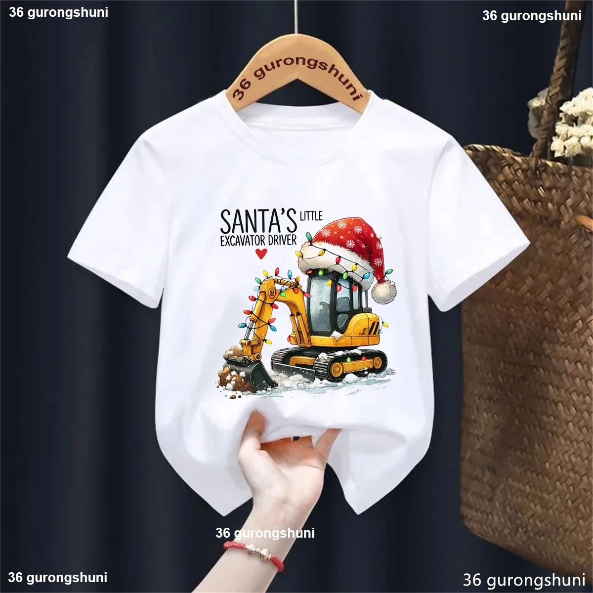 Camiseta con estampado gráfico de conductor de excavadora de Papá Noel para niñas/niños, regalo de Navidad genial, ropa para niños, camisetas sólidas divertidas