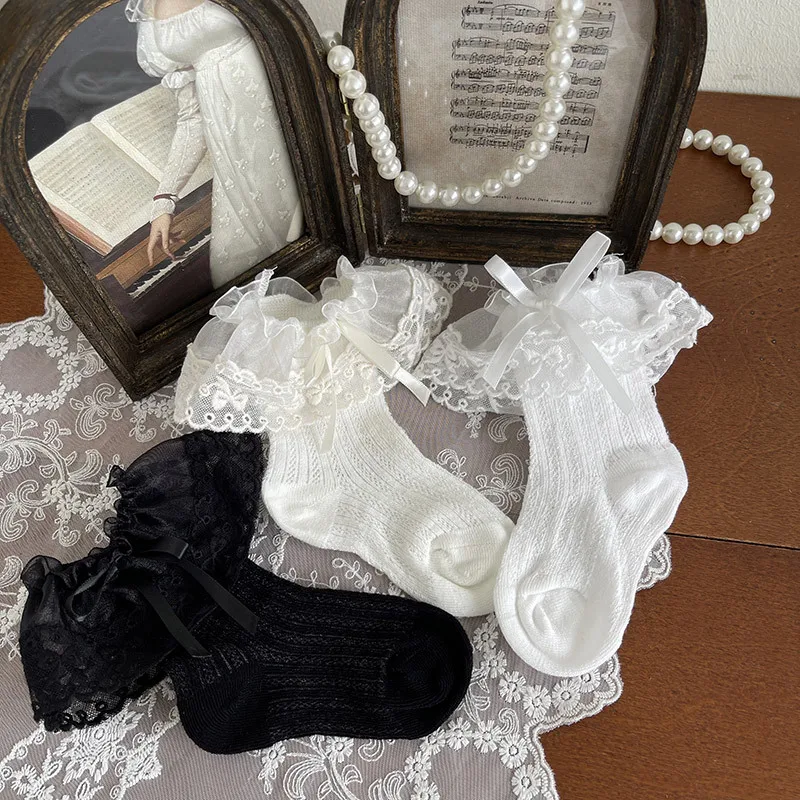 1 par de calcetines de malla de encaje de verano para niñas, calcetines sencillos de moda coreana con volantes de pantorrilla para niños, calcetines escolares suaves y finos y transpirables