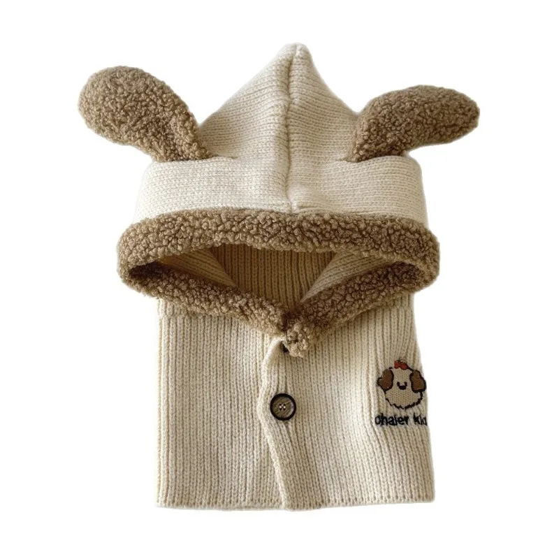 Gorro y bufanda de estilo coreano para niños, conjunto de invierno 2 en 1, gorro tejido con orejas de perro y Animal, calentador de cuello, pasamontañas cálido para niños pequeños - imagen 5