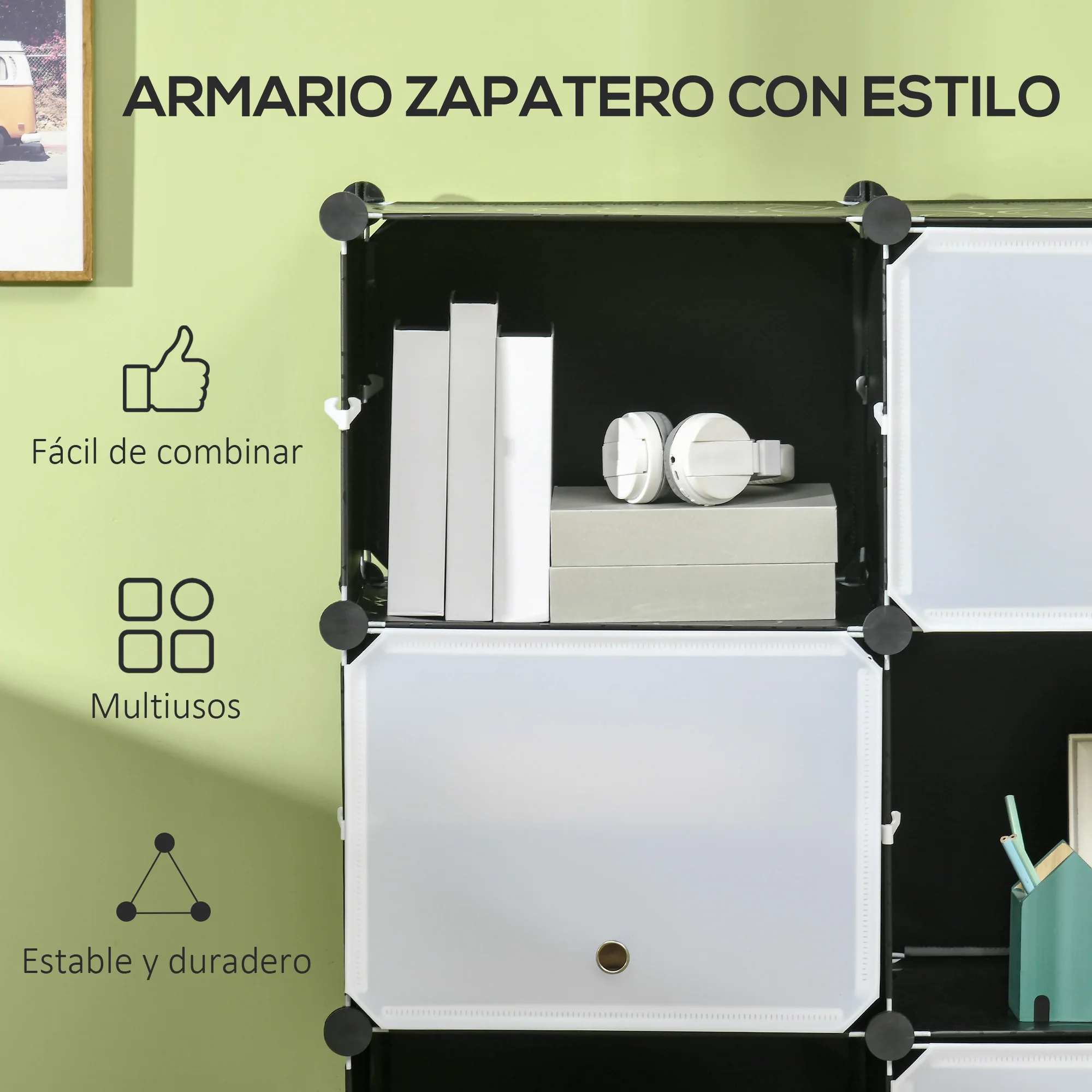 HOMCOM Armario Modular de Plástico Cajas de Zapatos con 12 Cubos Zapatero Organizador para Entrada Pasillo Dormitorio 125x32x125 cm Negro y Blanco - imagen 4