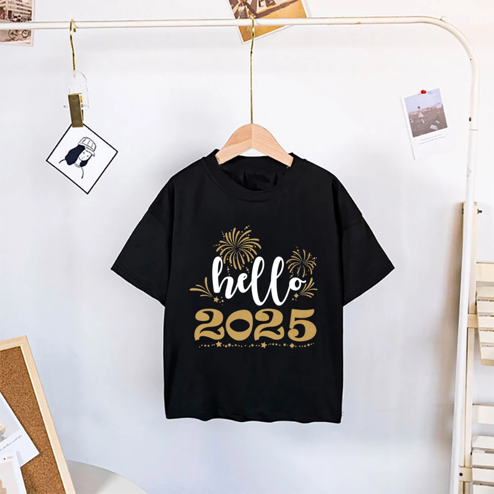 Hello 2025 Happy New Year Print Kids Shirt Boys Girls New Yeat Outfits T-shirt Holiday Party Child Shirts Short Sleeve Tops Tee - imagen 4