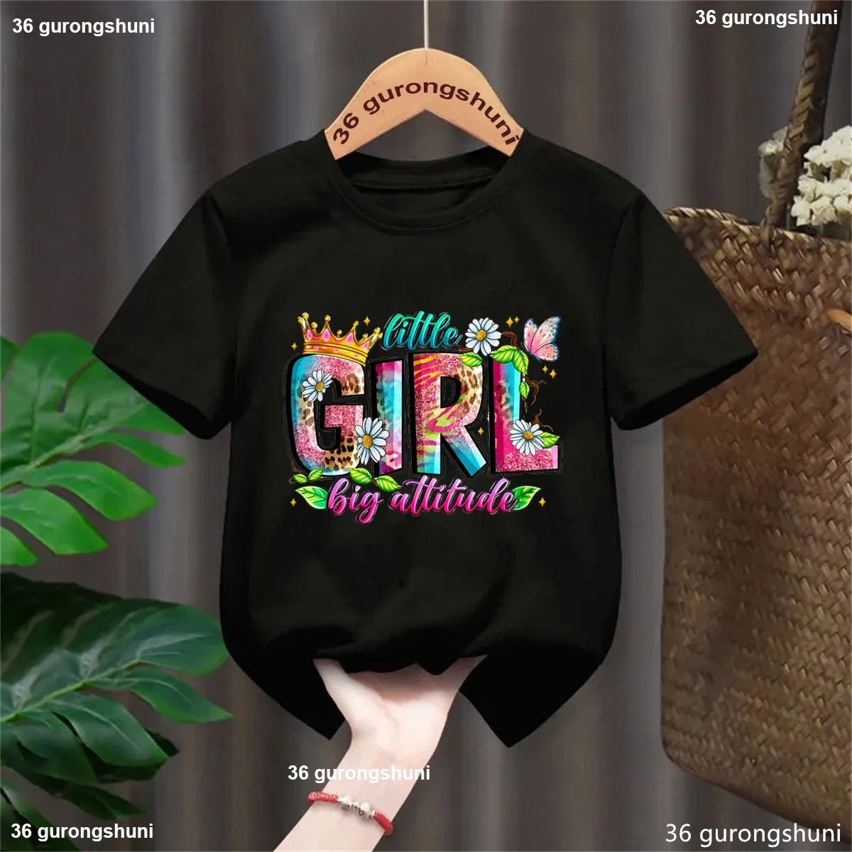 2025 camiseta con estampado con dibujo de gran actitud para niñas, corona, mariposa, flores, ropa Kawaii para niños, camiseta lisa de verano - imagen 2