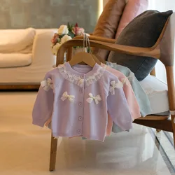 Suéteres para niños, cárdigans de punto calados para niñas, suéteres con volantes para niñas, traje de punto para chicas de moda