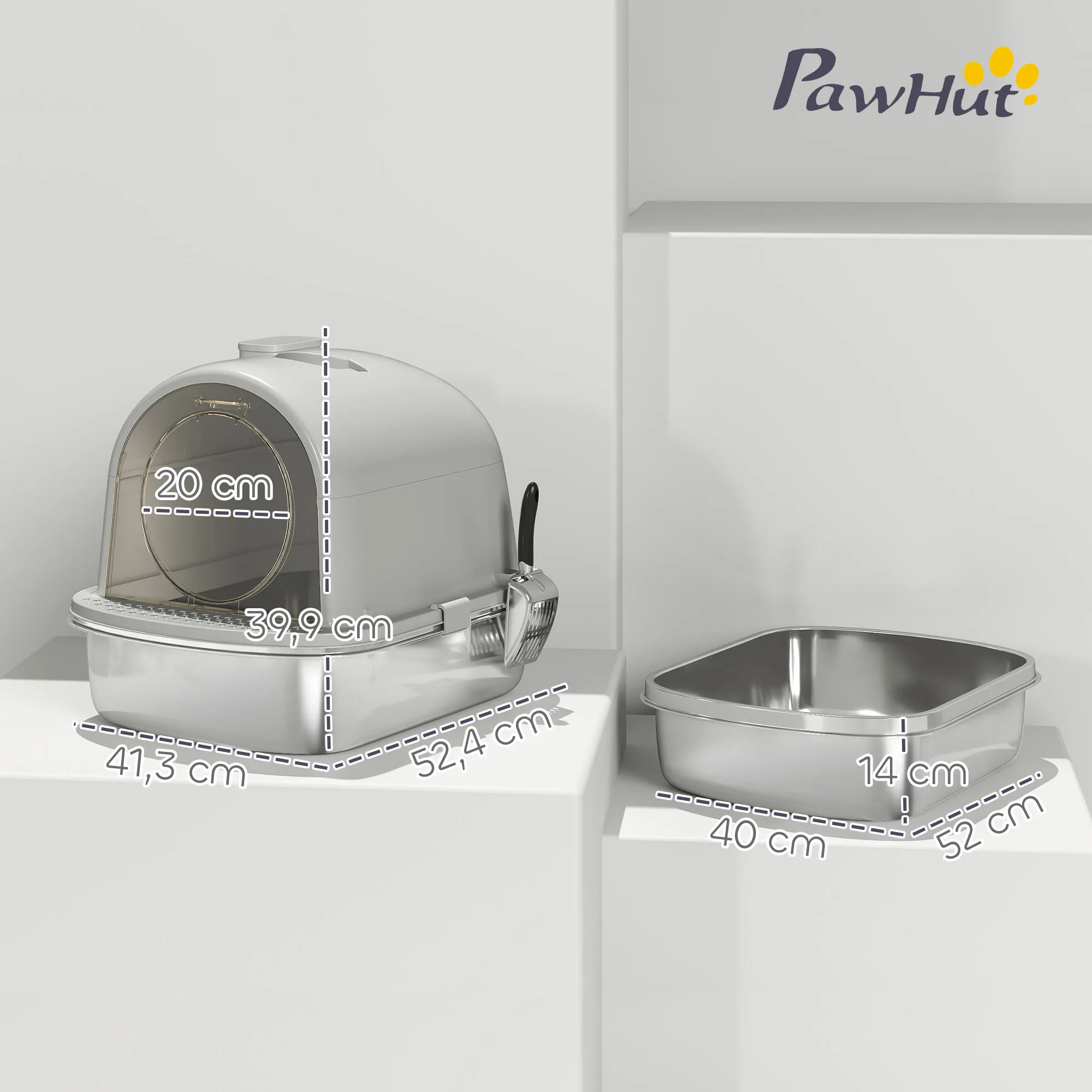 PawHut Arenero para Gatos de Acero Inoxidable con Cubierto Caja de Arena para Gatos Arenero con Bolsa Desodorizante Pala Fácil de Limpiar 52,4x41,3x39,9 cm - imagen 3