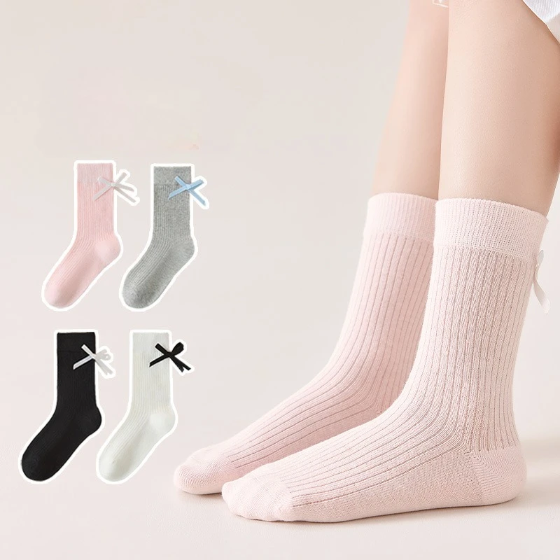 Calcetín de pantorrilla sencillo y dulce para niños y niñas, calcetín fino y transpirable de algodón suave con lazo a la moda, moda coreana para la escuela - imagen 4