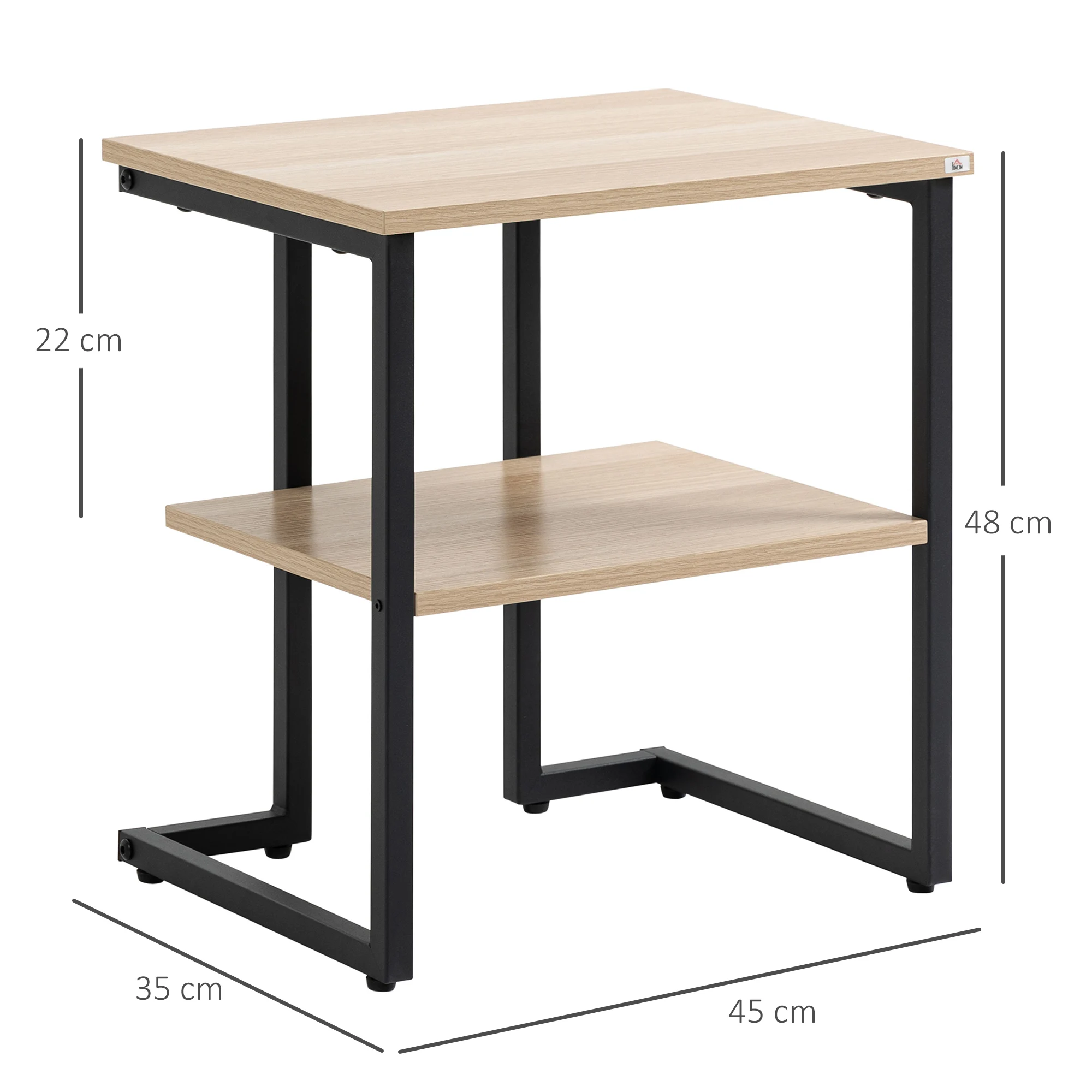 HOMCOM Mesa Auxiliar de 2 Estantes Mesita de Salón para Dormitorio Estudio Oficina Estilo Moderno 45x35x48 cm Natural - imagen 3