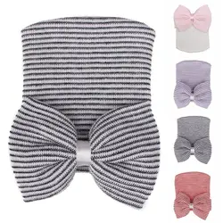 Gorro turbante suave de rayas para recién nacido con lazo – guardería