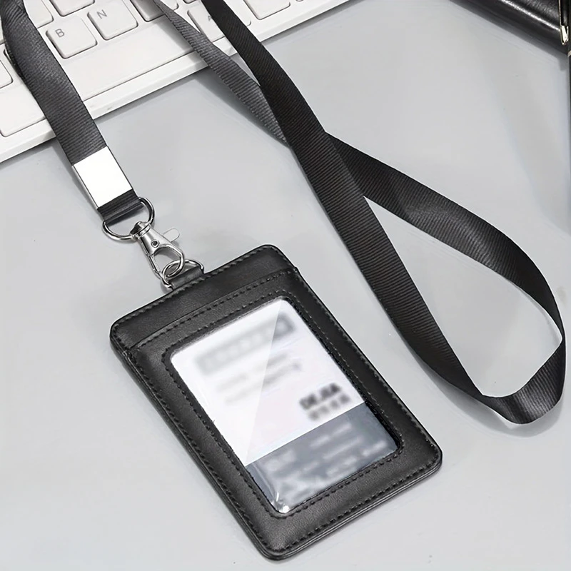 Portatarjetas de trabajo negro con cordón, tarjetero para tarjetas bancarias de PU, tarjeteros con nombre, portadores de identificación de autobús, insignia de identidad con correa para el cuello, 1 ud. - imagen 2