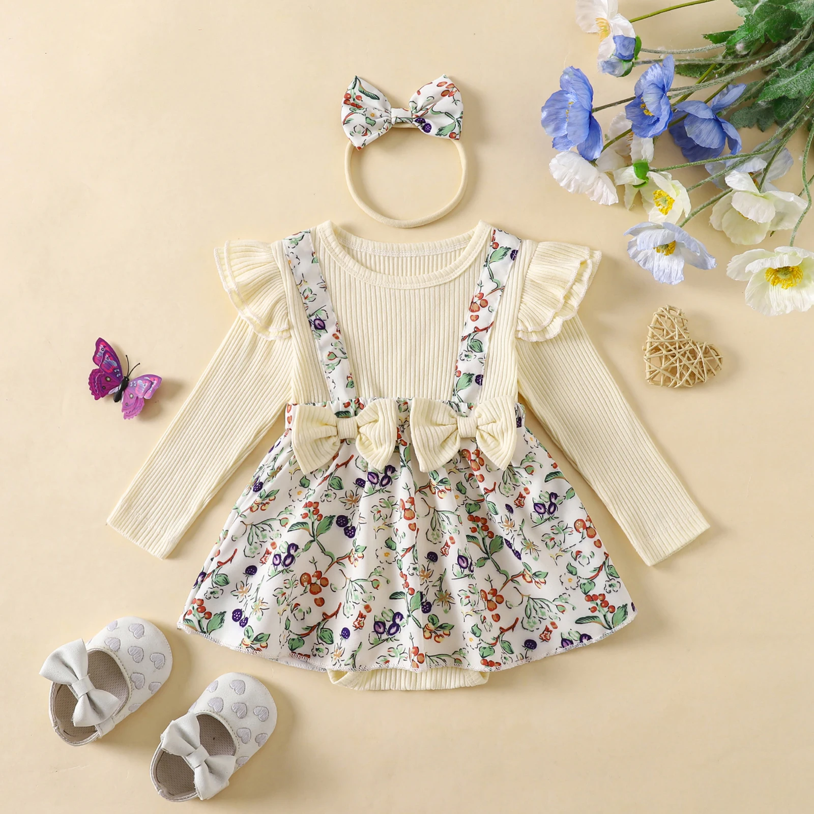 Vestido mameluco de otoño para niña de 0 a 18 meses, mono falso de dos piezas de manga larga con cuello redondo y estampado floral