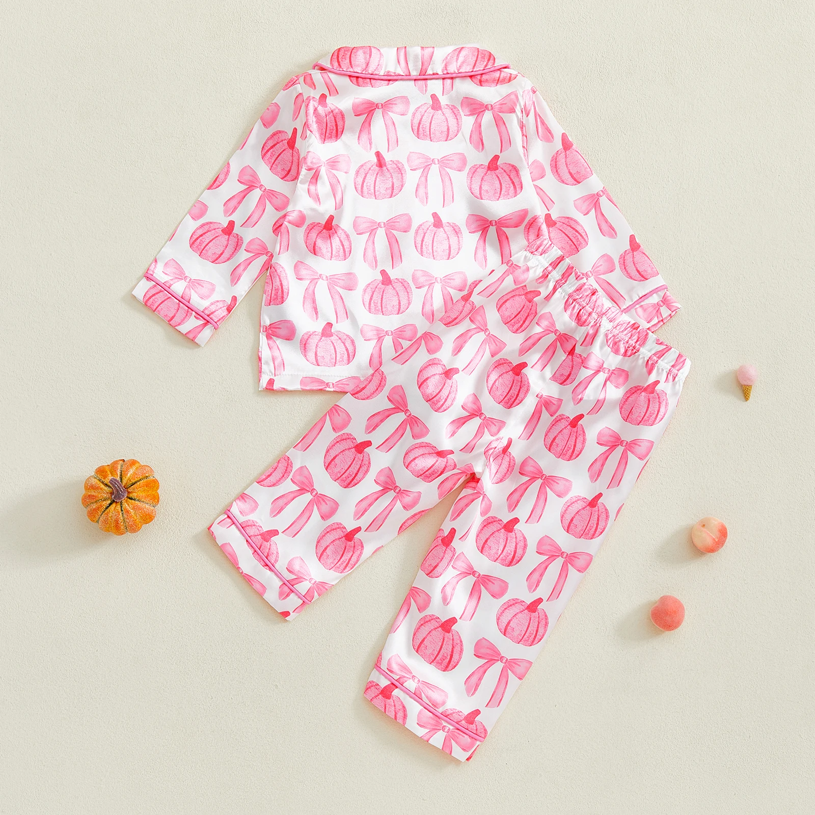 VISgogo Conjunto de pijamas de Halloween para niñas con estampado de lazo de calabaza Tops de manga larga con pantalones de cintura elástica Ropa de dormir - imagen 2