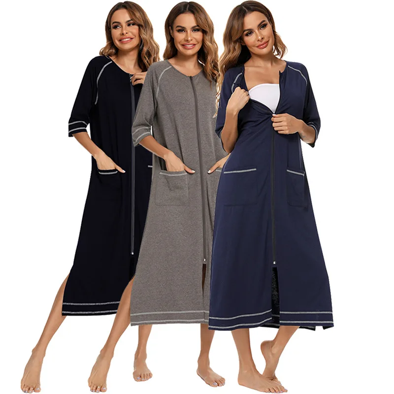Pijamas holgados de una pieza de talla grande para mujeres embarazadas, pijamas de manga media con cremallera, vestido cómodo de maternidad para amamantar, bata, ropa de casa - imagen 2