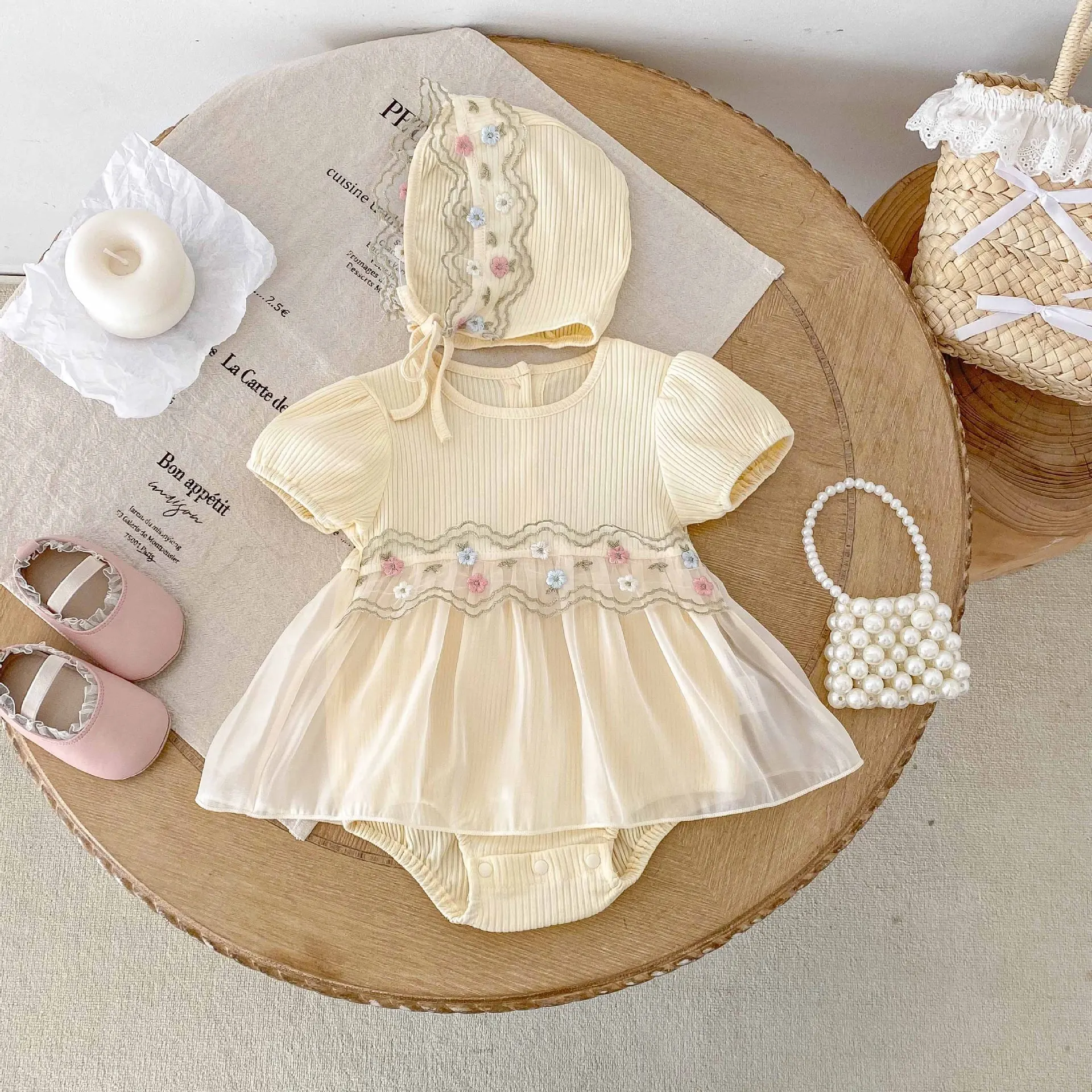 Ropa de verano para bebés de 0 a 2 años, Body para niñas recién nacidas con sombrero, mono para niñas, vestido de princesa con bordado Floral para niños pequeños - imagen 4