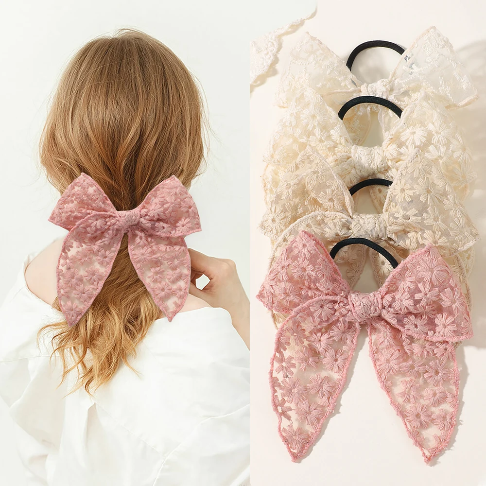 4 Uds. Diademas elásticas de encaje con lazo bordado para mujeres y niñas, bandas de goma para el cabello, coleteros, accesorios para el cabello para niños - imagen 2