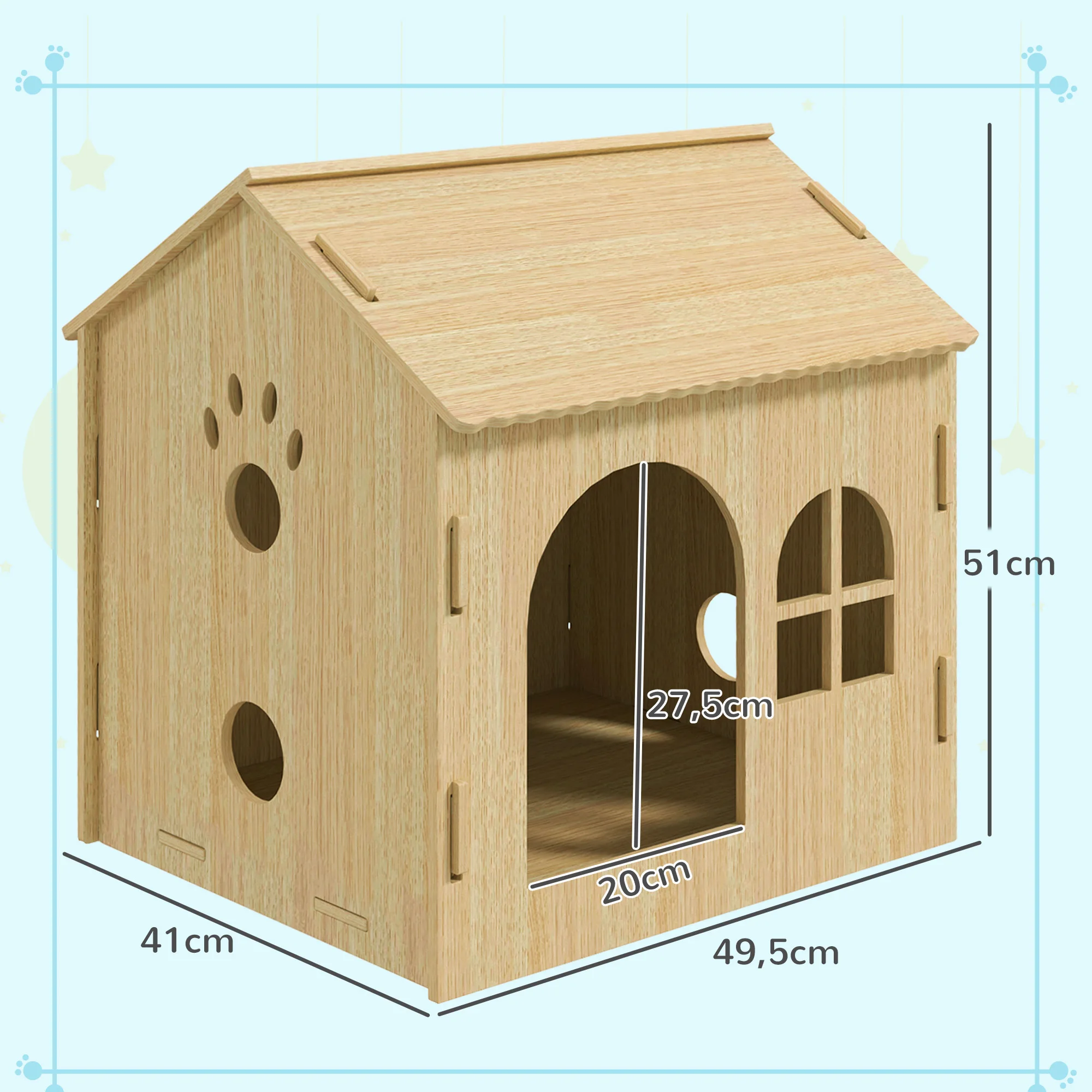 PawHut Caseta para Perros Casa para Perros Interior con Ventana Diseño de Garra Hueca Casita para Perros y Gatos 49,5x41x51 cm Roble - imagen 2