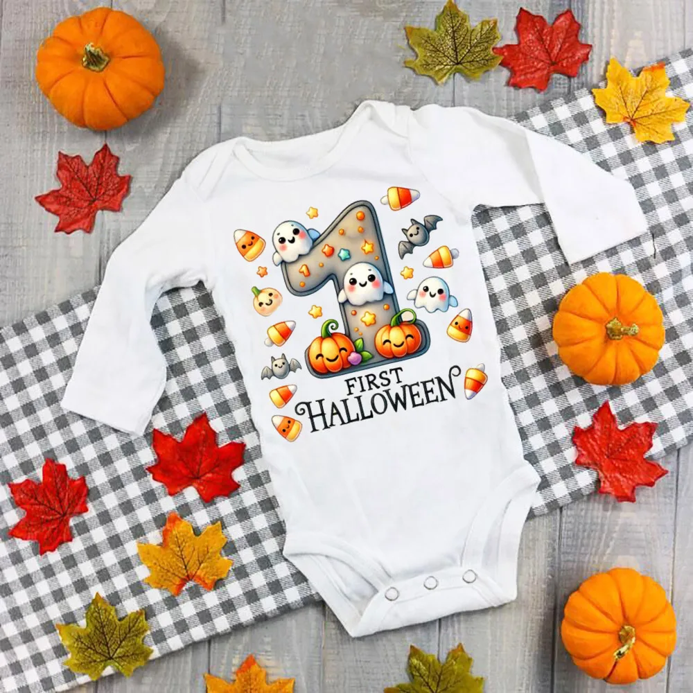 Mi primer mameluco de Halloween para bebé, mono infantil con estampado de fantasma de Halloween, mono de manga larga para recién nacido, traje de Cosplay de Halloween - imagen 4