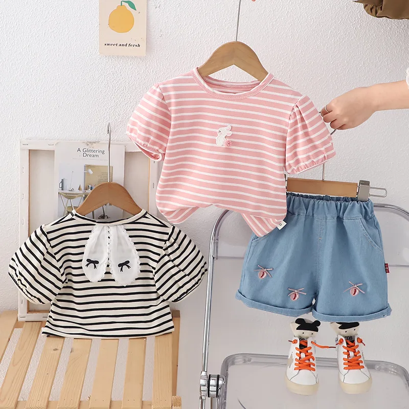 Nueva ropa de verano para bebés, traje para niños y niñas, camiseta, pantalones cortos, 2 unids/set, disfraz de algodón a rayas para niños, chándales para niños - imagen 2