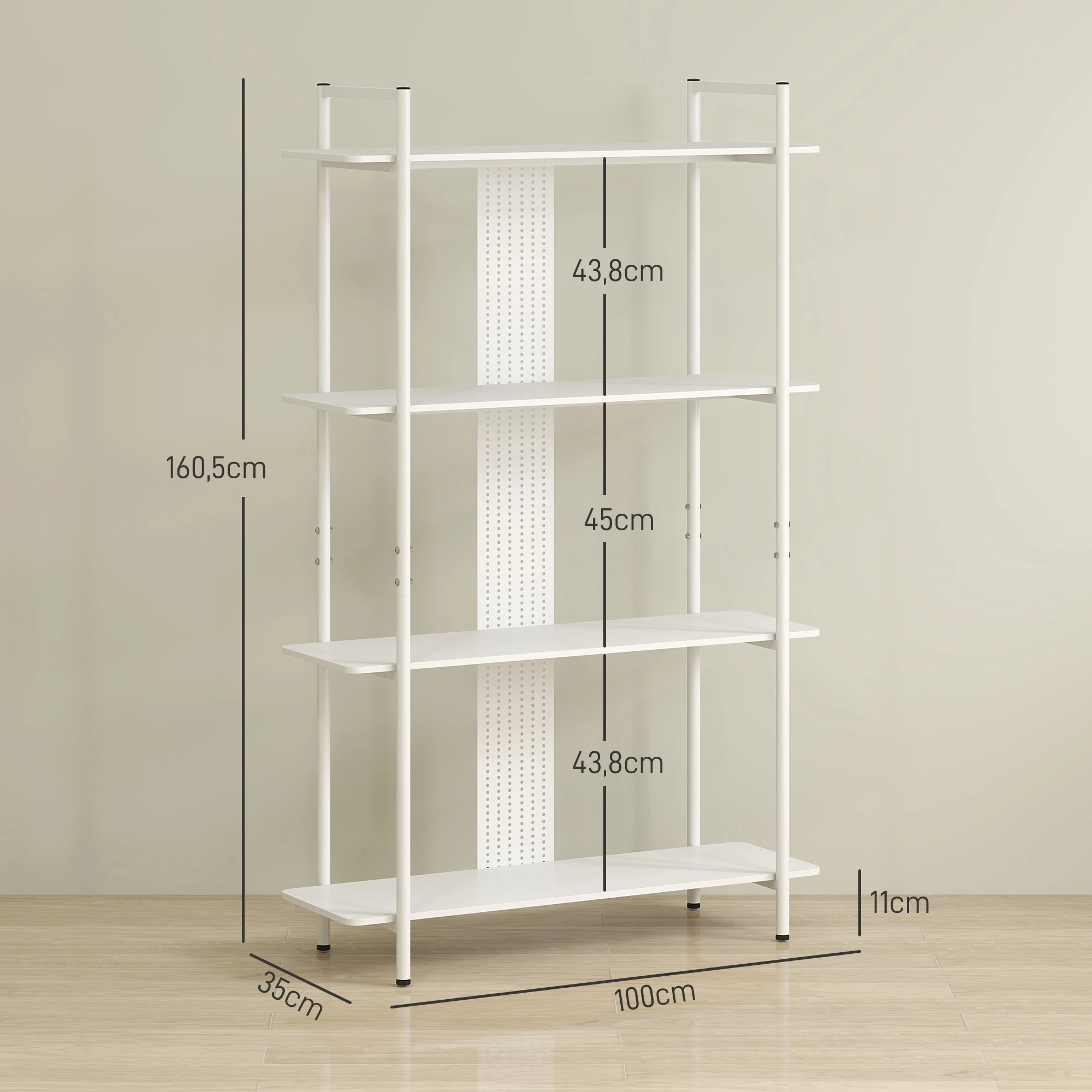 HOMCOM Estantería de 4 Niveles Estantería Librería con Panel Perforado y Marco Metálico Estantería Estrecha para Sala de Estar Estudio Dormitorio Oficina Blanco - imagen 3