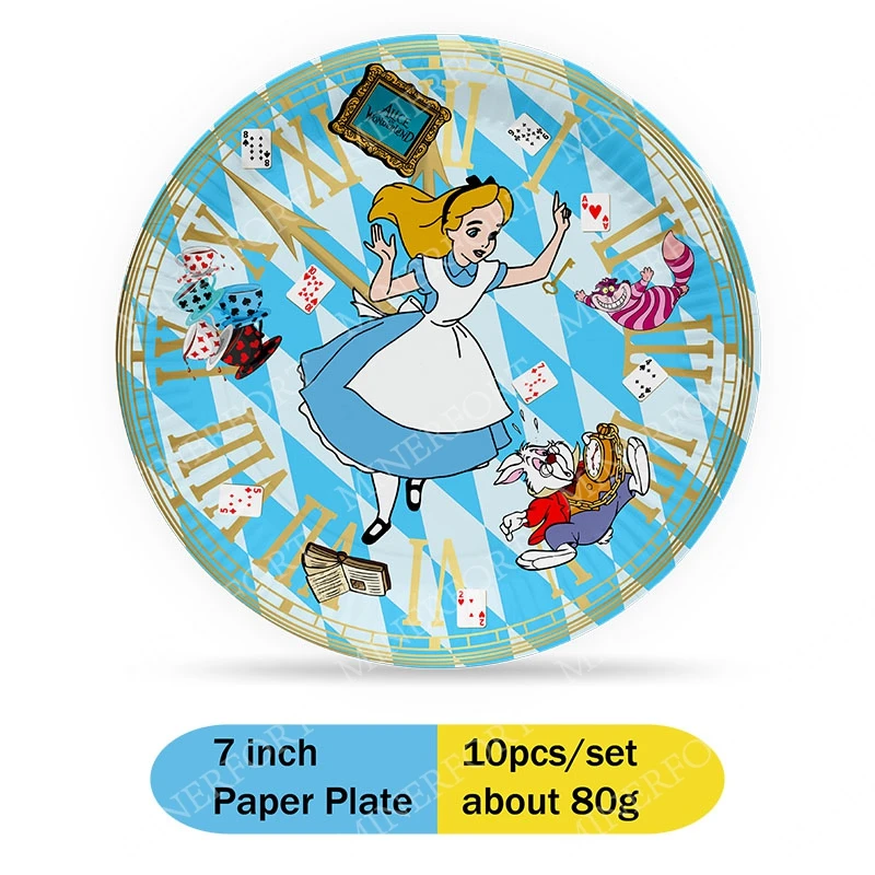 Vajilla desechable de dibujos animados de princesa con tema de Alicia en el país de las Maravillas, decoraciones, plato de papel, taza, telón de fondo, servilleta para suministro de festivales - imagen 4