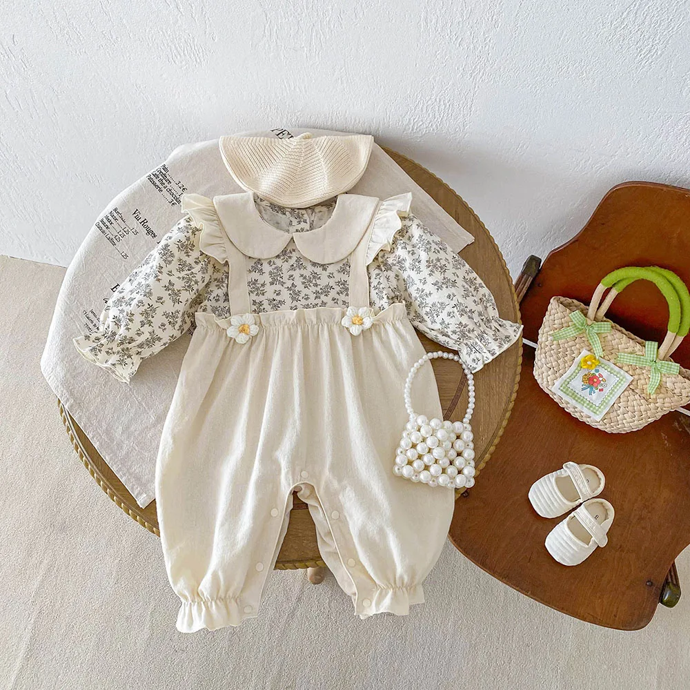 Pelele floral de algodón con cuello Peter Pan para niña