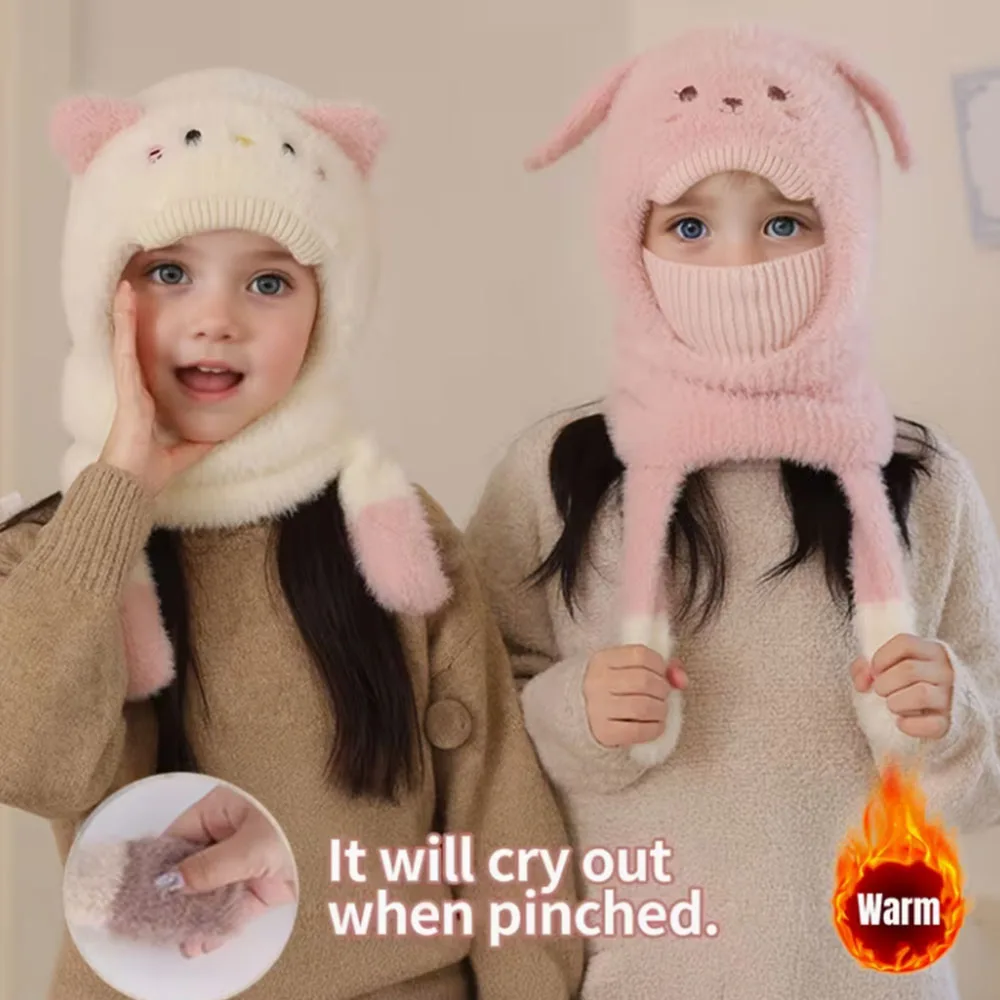Cubierta para la cara con estampado de orejas y patas de animales de peluche de 2 a 6 años, ajuste elástico y cómodo, blanco para clima frío, sombrero de invierno, máscara y bufanda - imagen 5