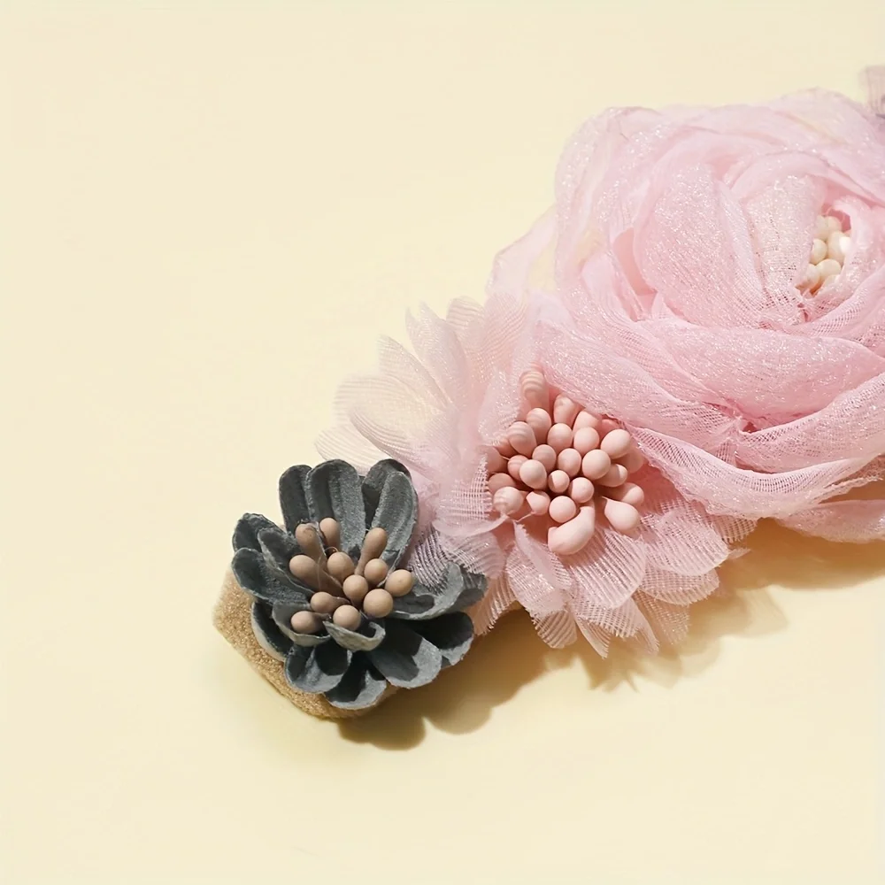 3 unids/set de diadema de flores artificiales para bebé, diadema de nailon elástico con perlas para recién nacido, diademas bonitas, accesorios para el cabello para niños - imagen 4