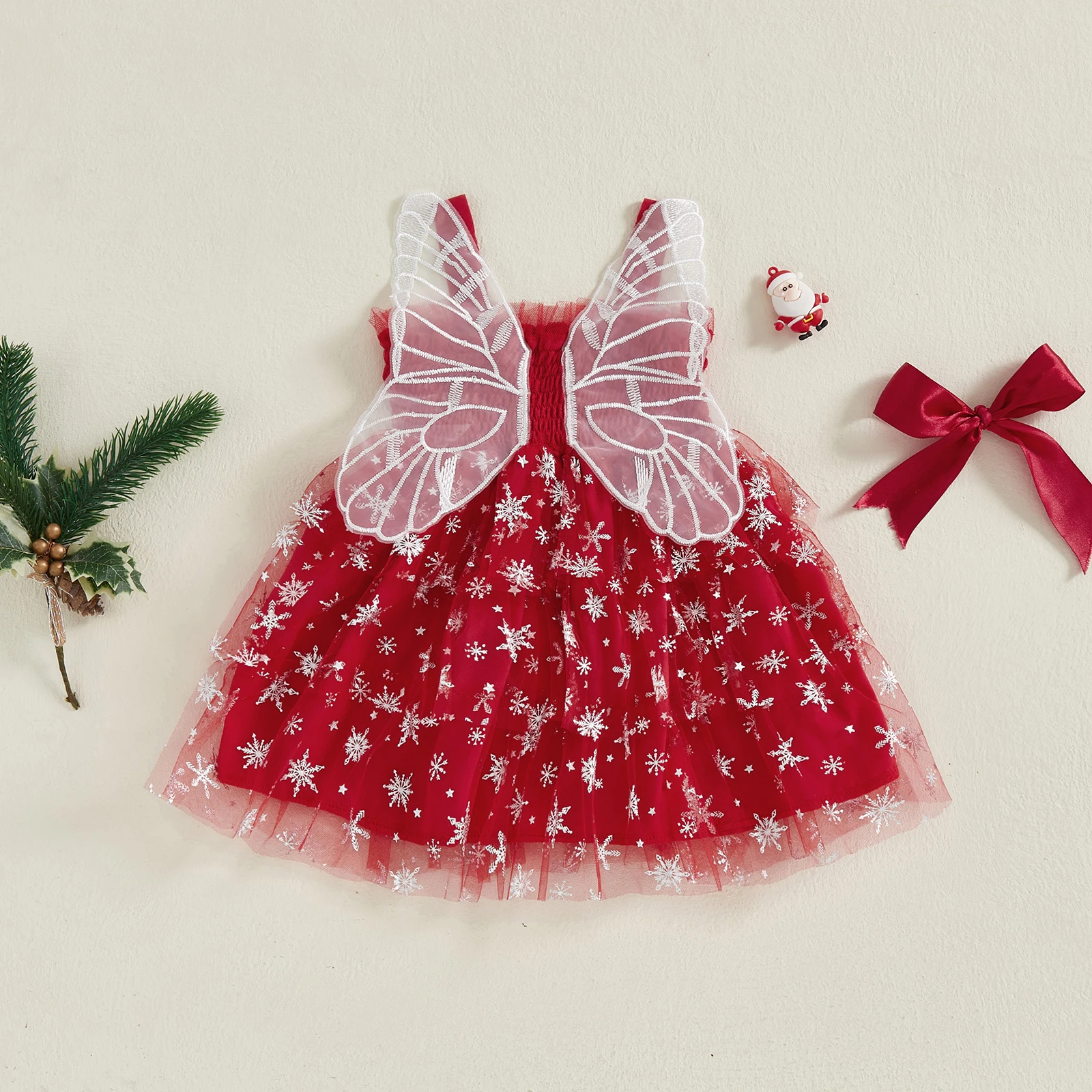 VISgogo Vestido de Navidad para niña pequeña con estampado de copos de nieve, sin mangas, de tul, línea A, con ala de mariposa - imagen 3
