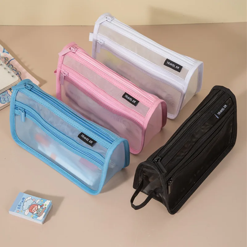 Estuche de lápices de malla minimalista, bolsa de papelería transparente creativa de gran capacidad, bolsa de papelería rectangular con cremallera para estudiante