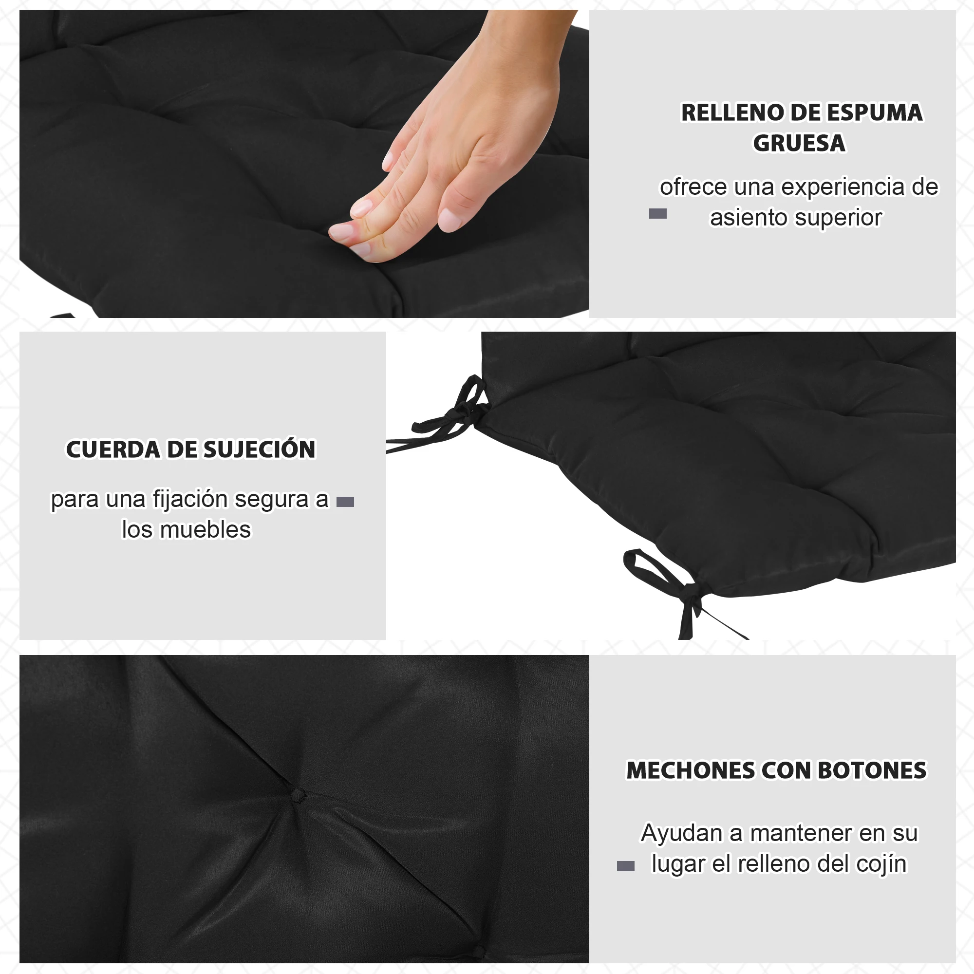 Outsunny Conjunto de 2 Cojines para Silla Cojines para Jardín Colchones de Banco con Respaldo 6 Cordones de Fijación 50x98x8 cm Negro - imagen 5