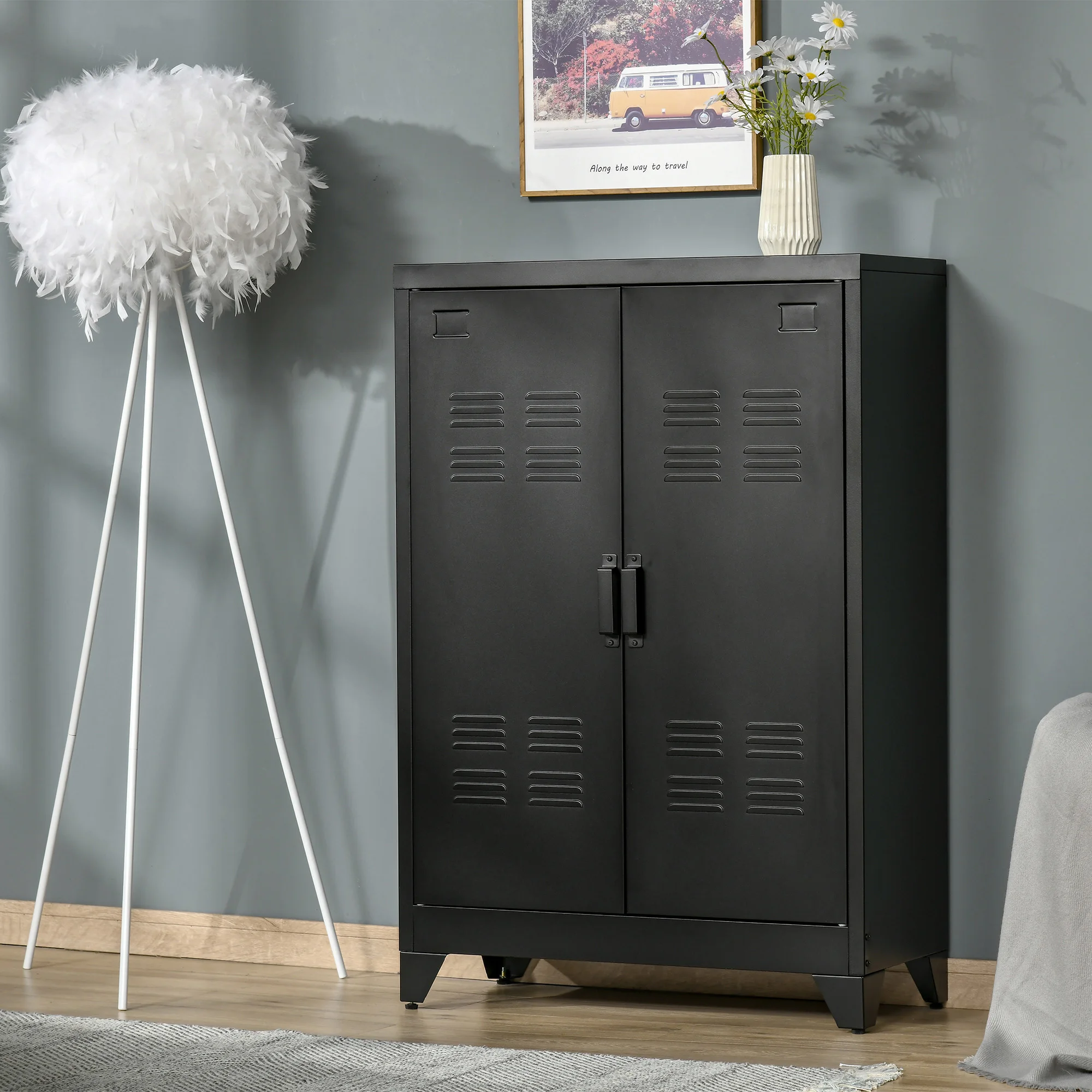 HOMCOM Armario de Almacenamiento Aparador de Metal con Doble Puerta Cierre Magnético y 2 Estantes Ajustables para Oficina Salón Dormitorio 75x33x110 cm Negro