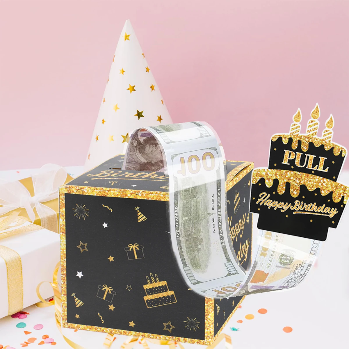 Caja de regalo de efectivo de cumpleaños de oro negro, caja de regalo de efectivo de feliz cumpleaños, Clip de dinero de oro rosa, suministros de fiesta de cumpleaños sorpresa - imagen 5