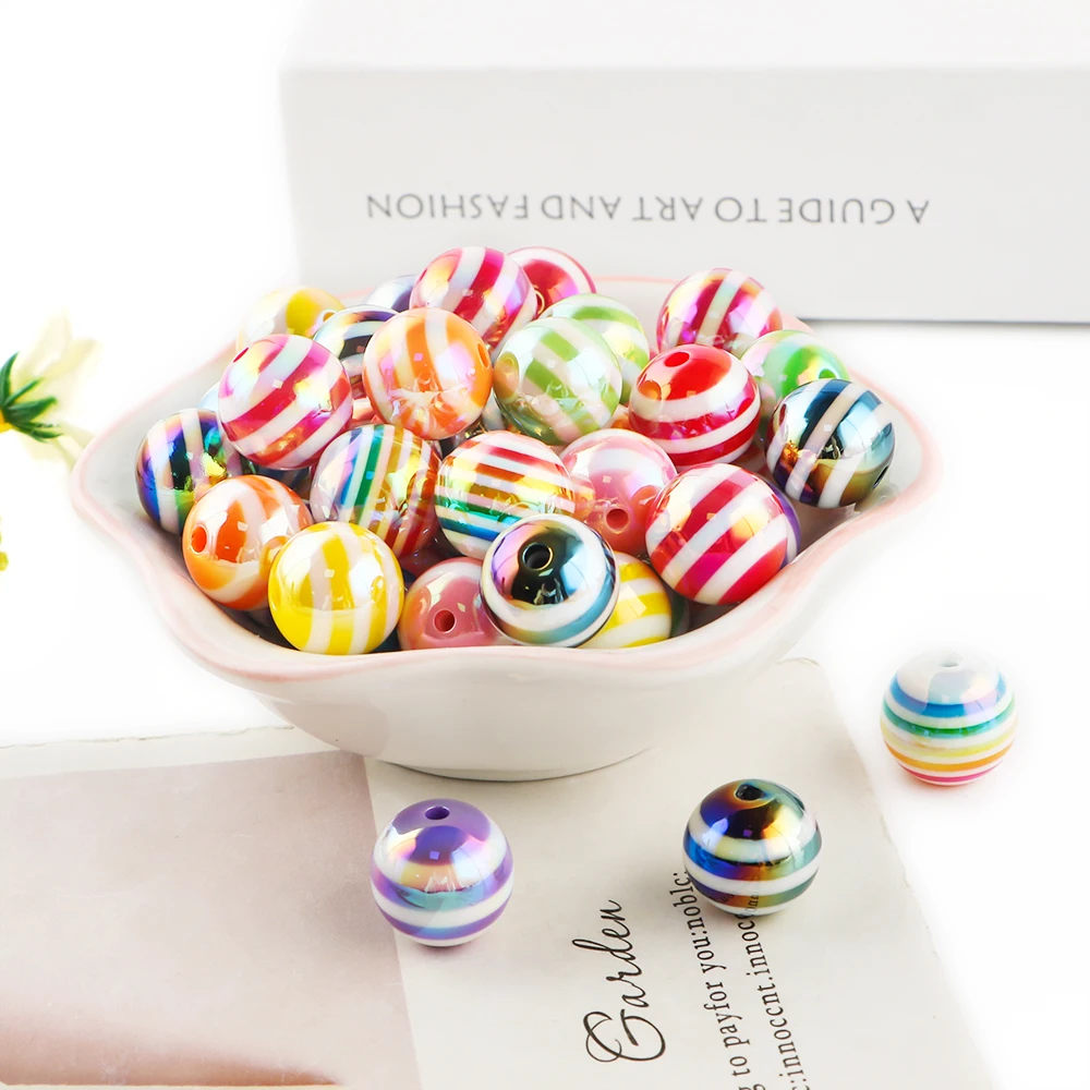 15 Uds. Cuentas acrílicas con patrón de rejilla de rayas de colores chapadas en 16MM para hacer llavero DIY, pulsera, bolígrafo, Etc., productos hechos a mano - imagen 2