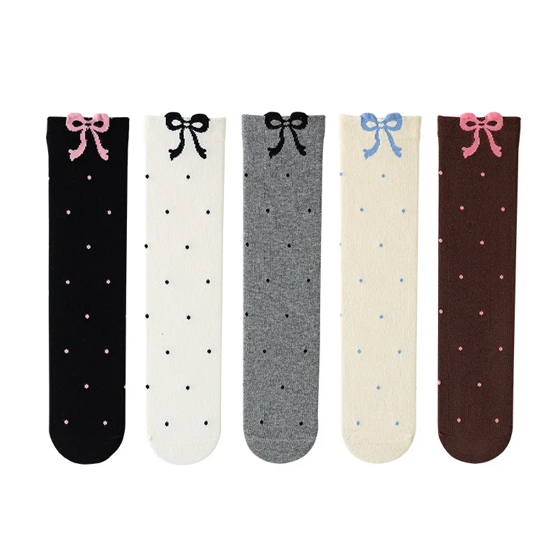 Calcetines coreanos hasta la rodilla para niñas, calcetines holgados de mezcla de algodón con detalle de estampado de lazo para niños grandes, calcetines bonitos hasta la pantorrilla para primavera y otoño - imagen 5