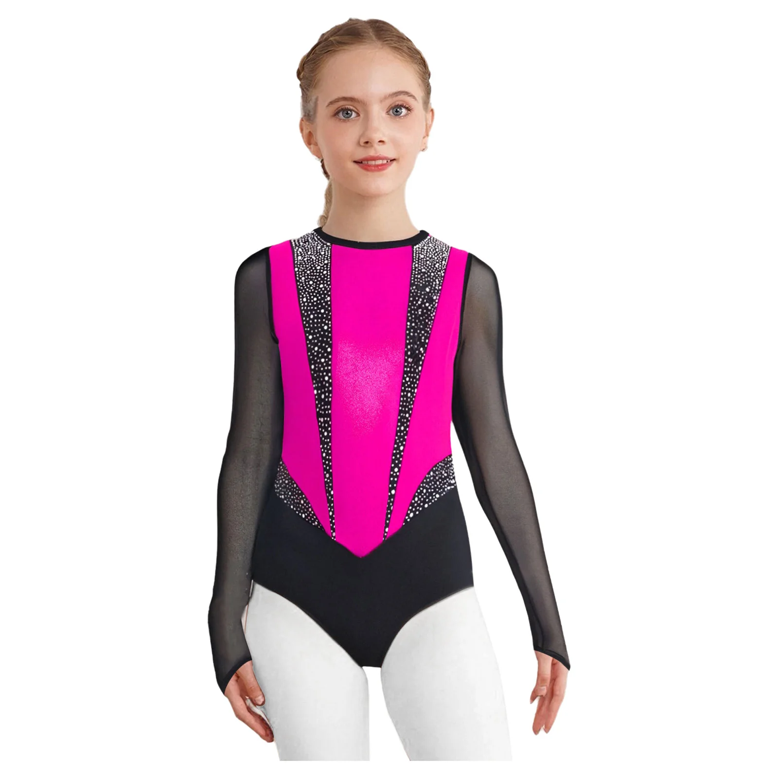 Conjuntos de gimnasia y Ballet para niñas, Ropa de baile para patinaje artístico, leotardo de malla transparente de manga larga con diamantes de imitación, pantalones cortos y sombreros - imagen 4