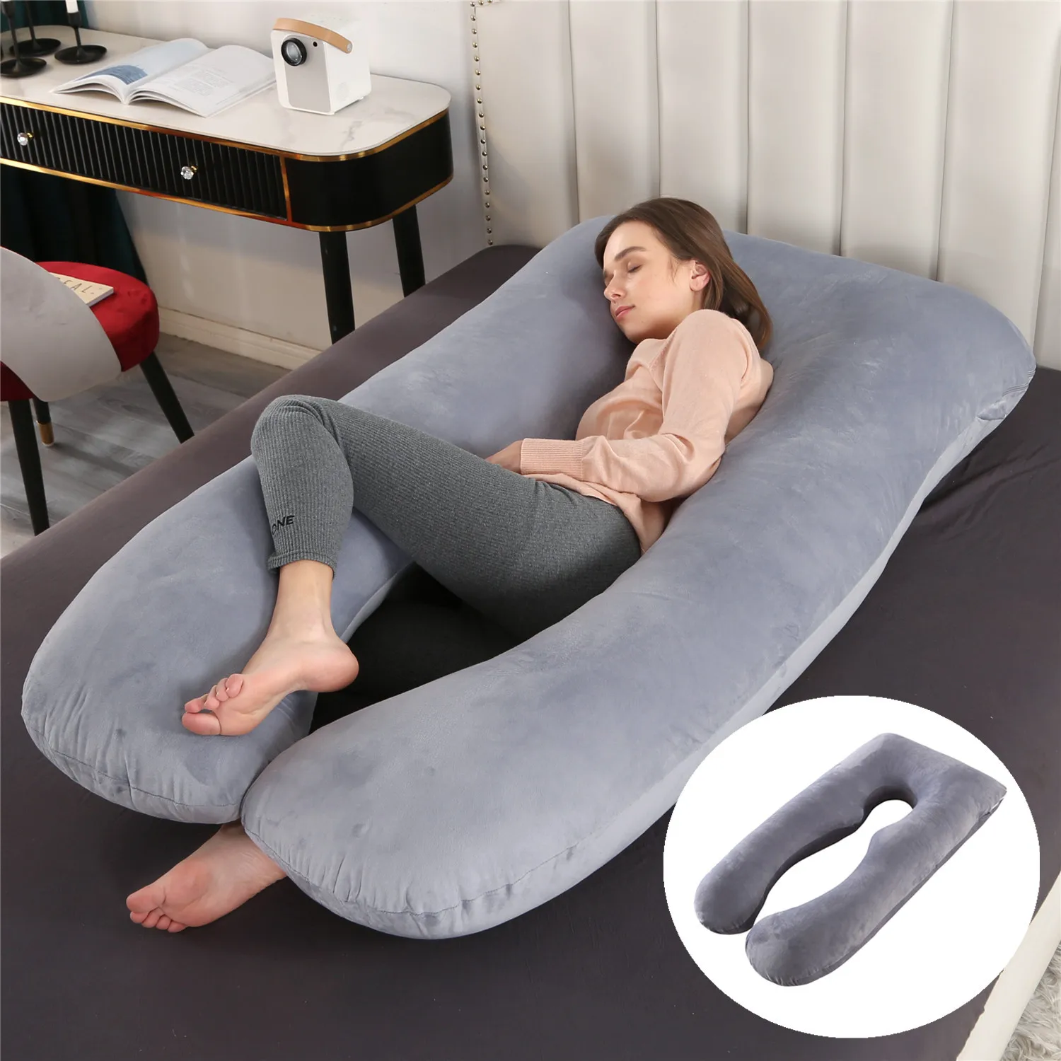 Almohada para embarazadas, almohada de terciopelo de cristal en forma de U para embarazo, soporte para la cintura, almohada para dormir lateral, núcleo corporal para embarazo - imagen 3
