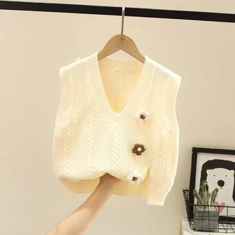 Chaleco tejido con cuello en V para niñas, chaleco para bebé de primavera y otoño, jersey sin mangas, chaleco con decoración floral, suéter para niños
