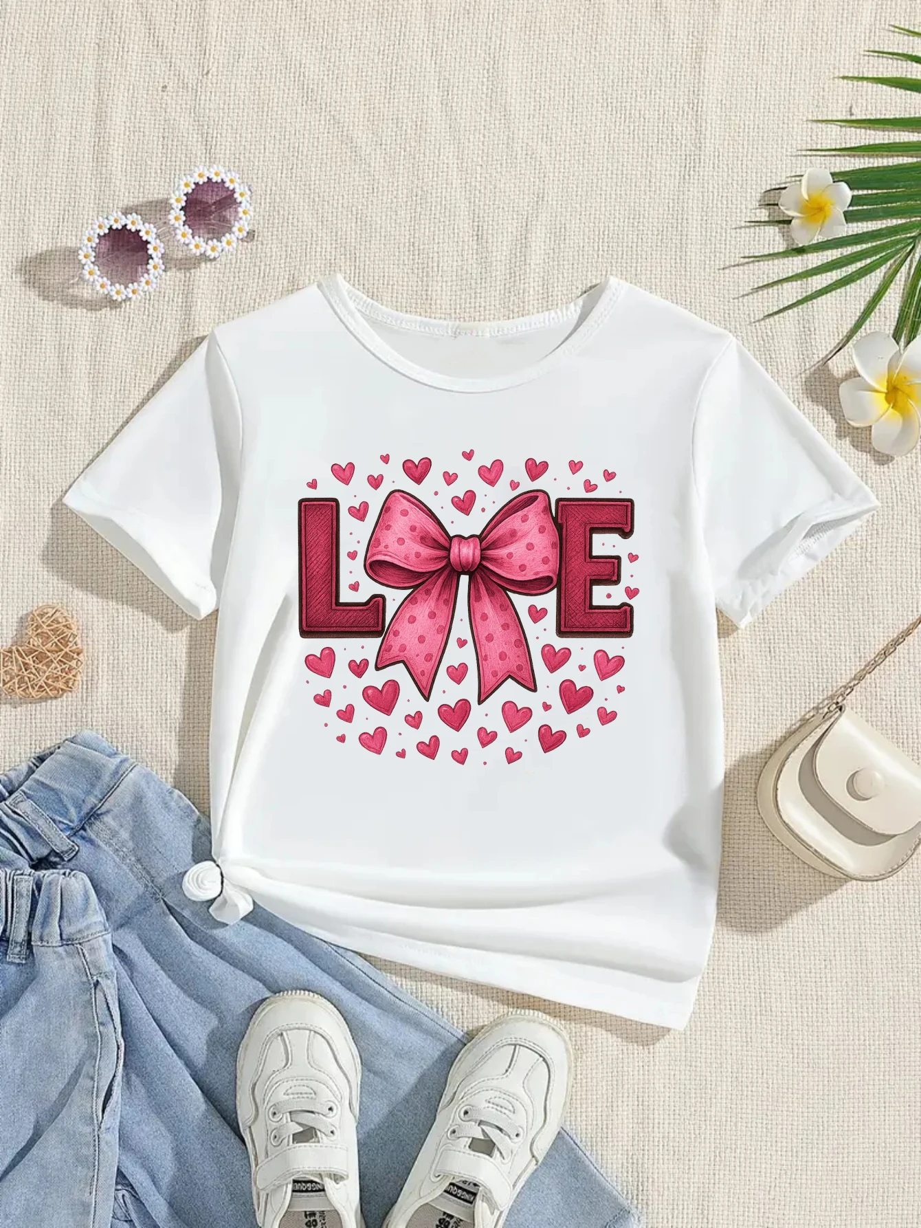 Camiseta con estampado de lazo rosa de corazones de amor, camiseta de regalo del Día de San Valentín para niñas, ropa Kawaii para niños, divertida camisa de manga corta de verano - imagen 2