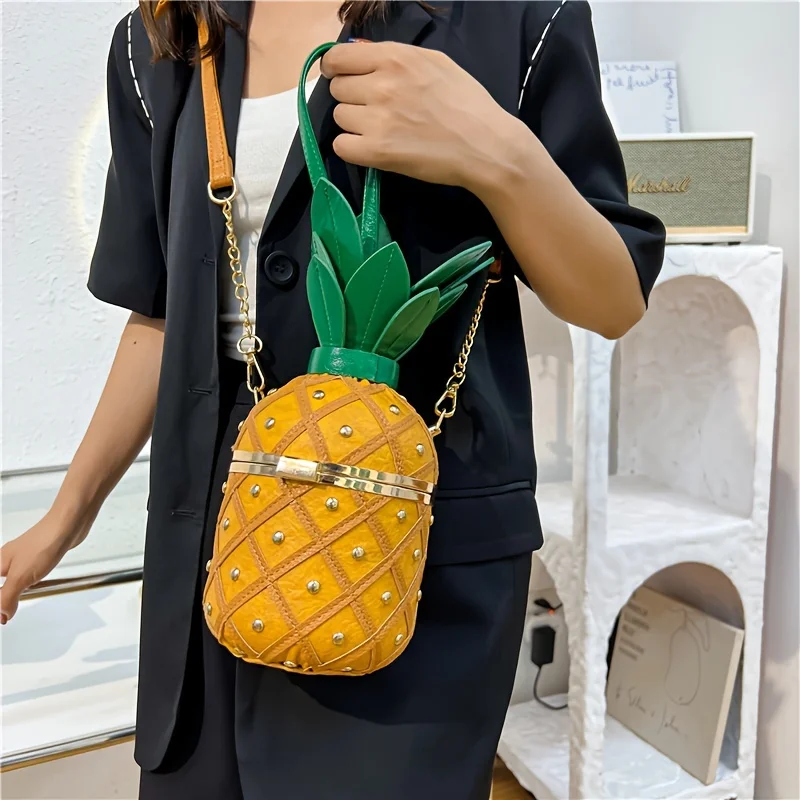 Monedero de piña para mujer, novedad, bolso de verano, bolso de hombro tipo bandolera, bolso hawaiano de cuero PU con remaches, bolso con correa de cadena para niñas