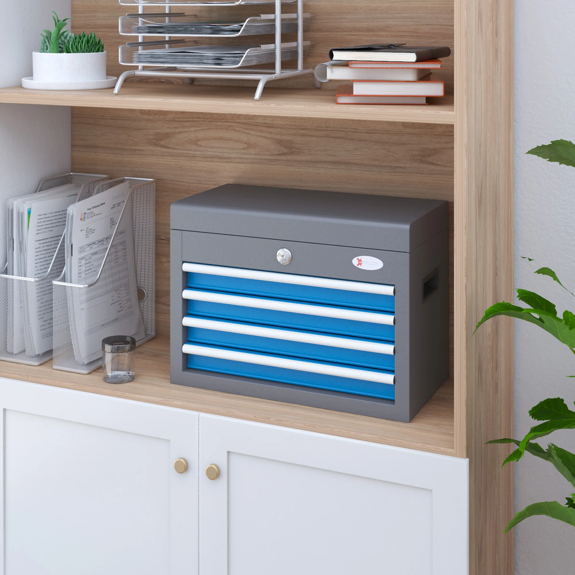 DURHAND Caja de Herramientas Metálica Maletín de Herramientas con 4 Cajones Bandeja Superior Cerradura y Asas Laterales Carga 20 kg 45x24,5x32,5 cm Gris y Azul - imagen 2