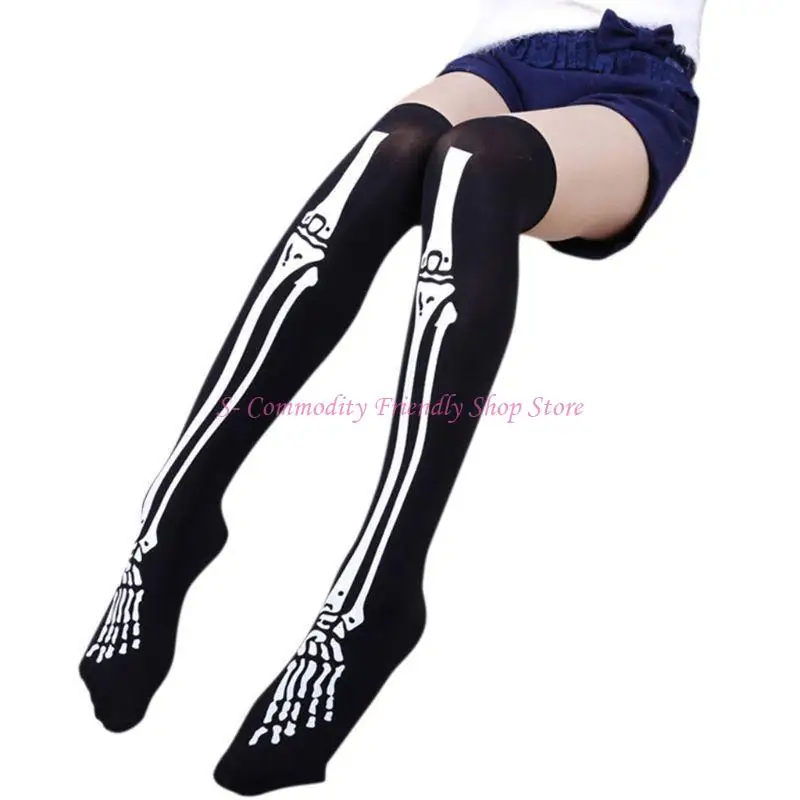 85AE Mujeres Halloween Cosplay Calavera Esqueleto Hueso Guantes Muslo Altas Calcetines - imagen 2