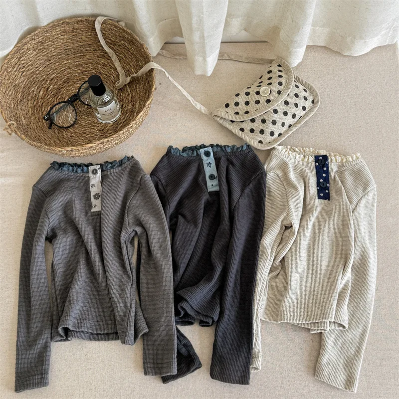 MILANCEL-Camiseta de manga larga para niños, blusa de cuello redondo de encaje Simple para niños de 1 a 6 años, ropa de otoño, 2024