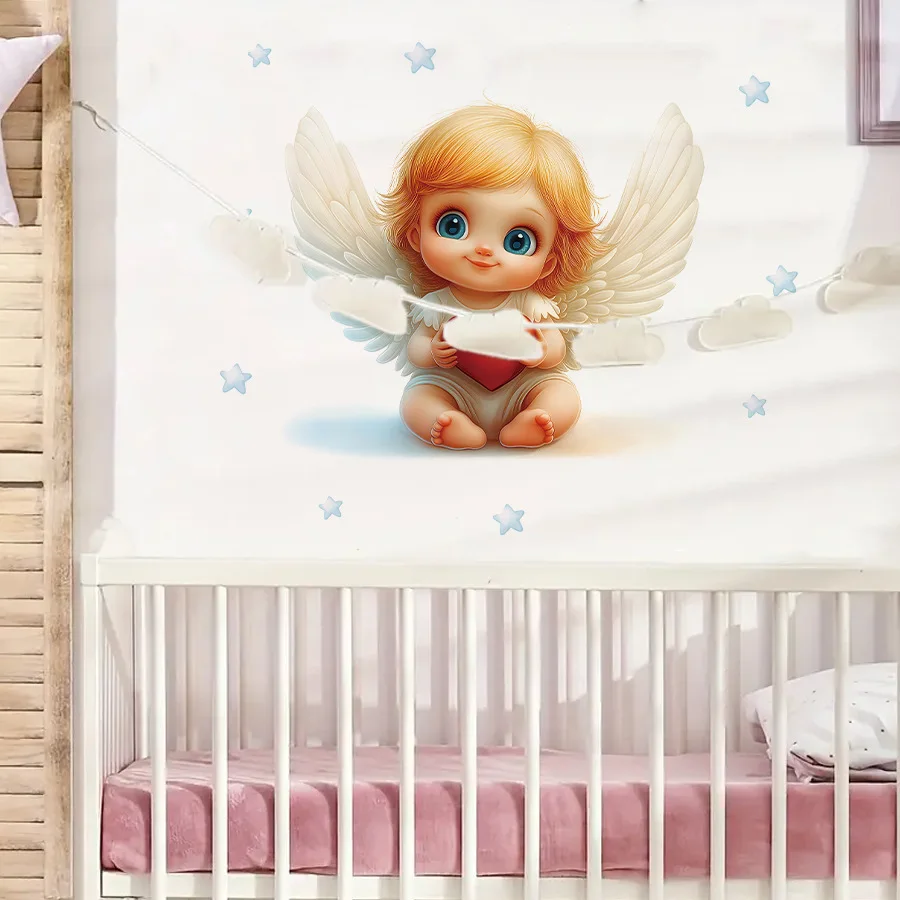 Boy and girl angel wall stickers, star self-adhesive cartoon wall stickers, bedroom and children's room decoration wall stickers