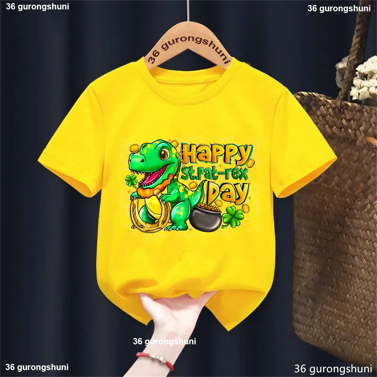 Camiseta con estampado con dibujo de dinosaurio Happy St Patrick'S-Rex Day, ropa Kawaii para niños y niñas, camiseta blanca/rosa/azul/amarilla de verano - imagen 4