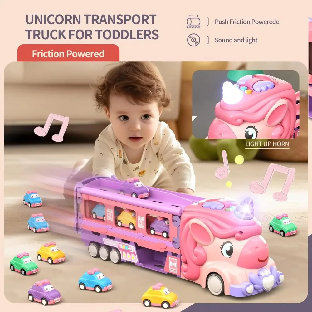 Coche de juguete para niña pequeña, camión de unicornio, pista de carreras plegable con luz y sonido, potencia de fricción, coche de princesa, regalo de cumpleaños para chico - imagen 3