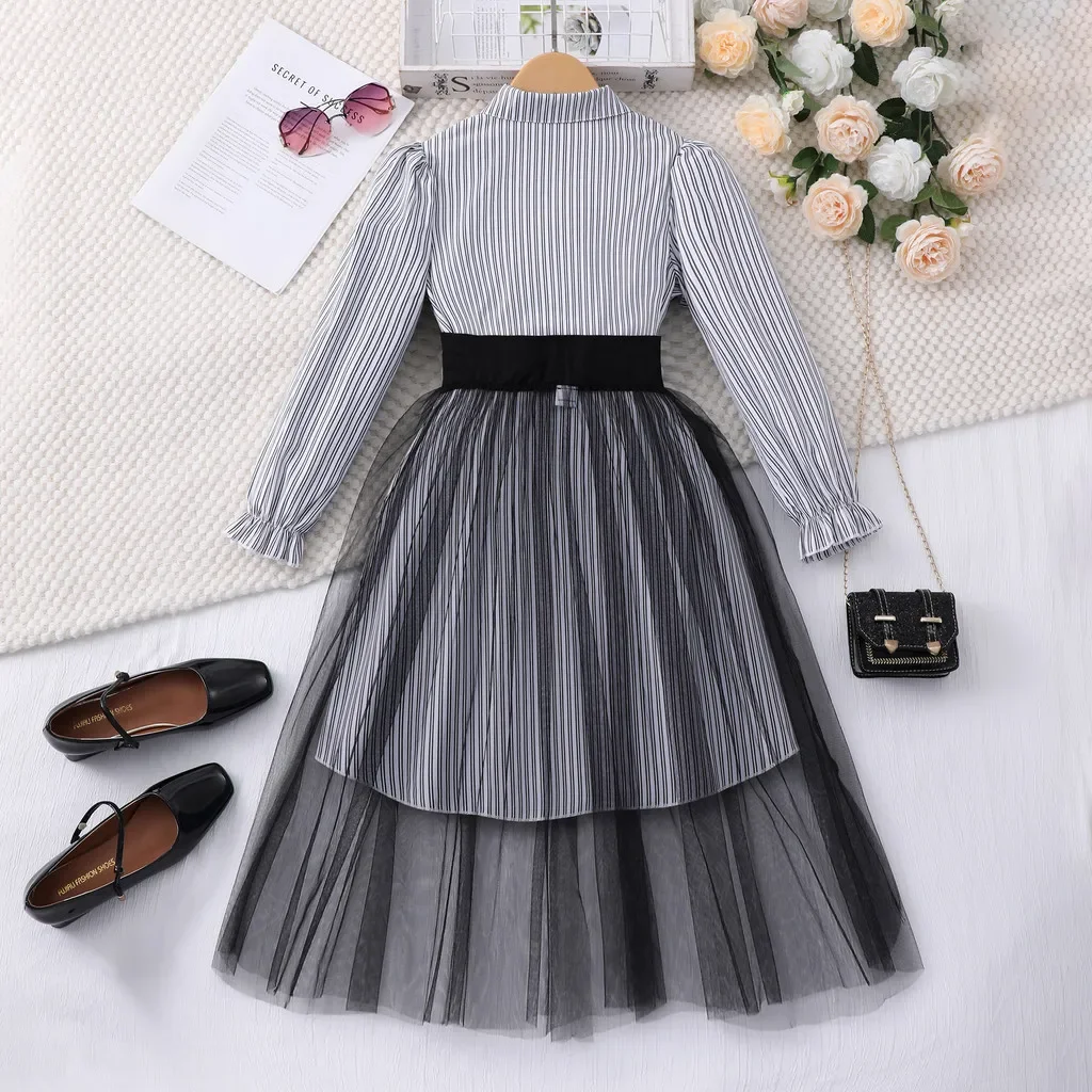 Vestido a rayas para niñas, vestidos de princesa de manga larga de verano para niños, ropa de fiesta sencilla a la moda para adolescentes de 8, 9, 10, 11 y 12 años - imagen 2