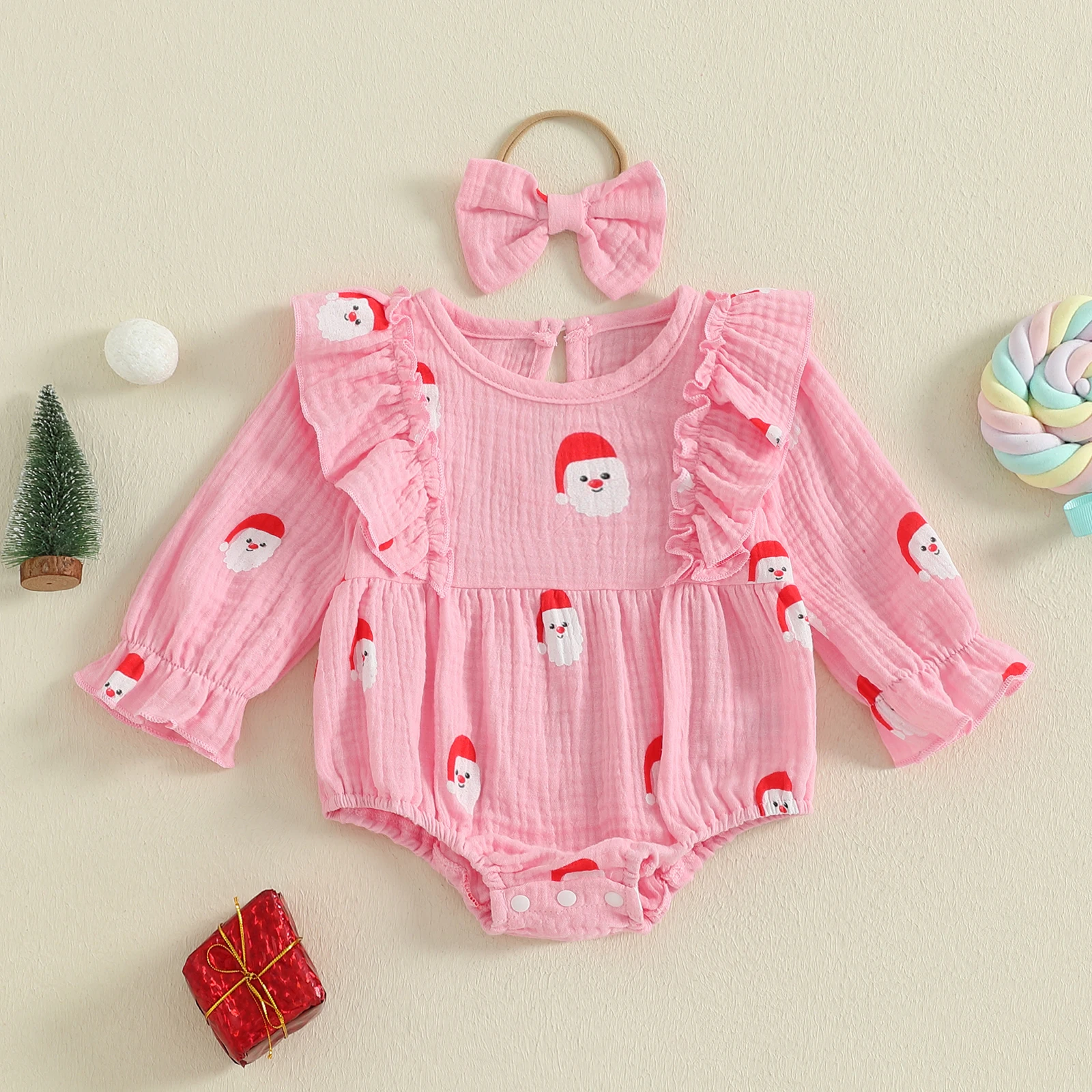 Mameluco de Navidad para niña, mono de manga larga con ribete de volantes de Papá Noel/árbol, ropa bonita de invierno y otoño