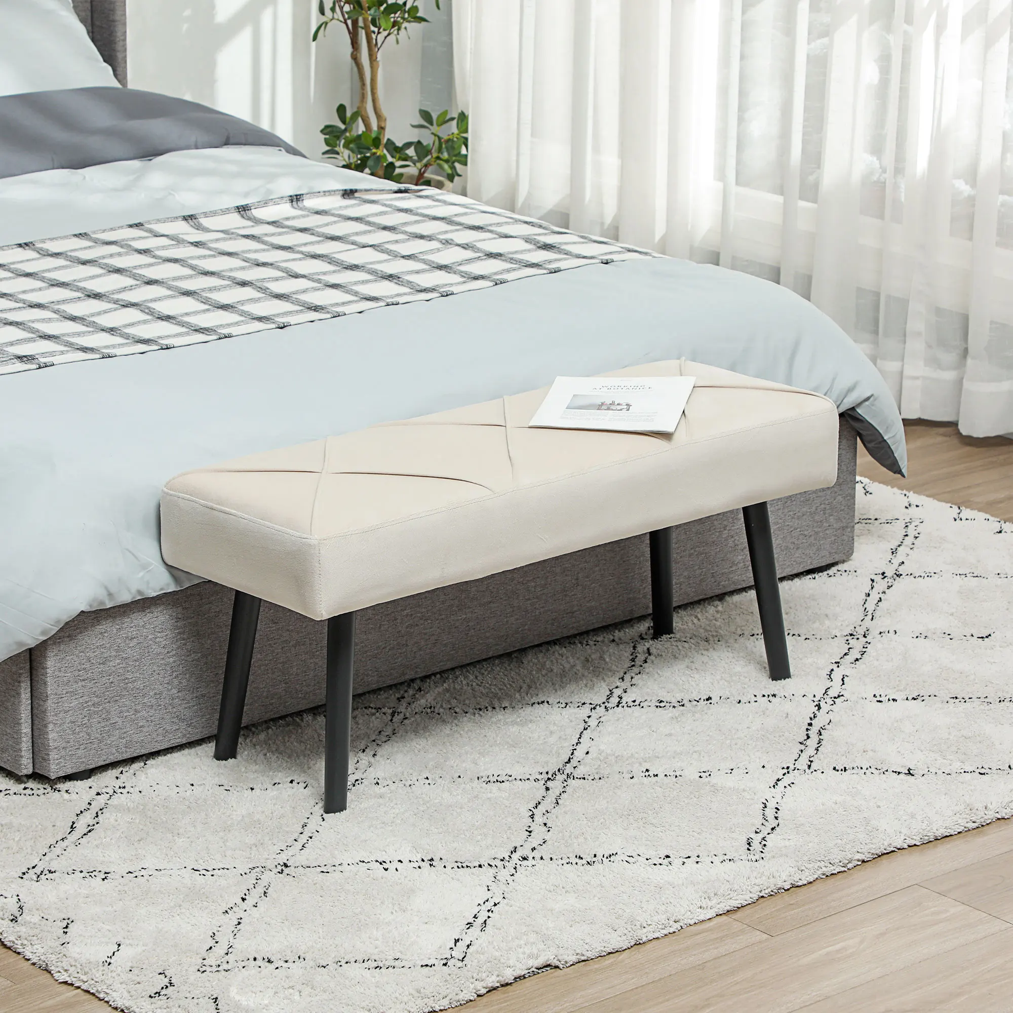 HOMCOM Taburete Pie de Cama Multifuncional, Banco Pie de Cama Moderno, Banco Dormitorio con Asiento Acolchado y Patas de Acero, Carga 120 kg, para Entrada, Pasillo, Salón, 100x36x45 cm, Blanco Crema - imagen 2