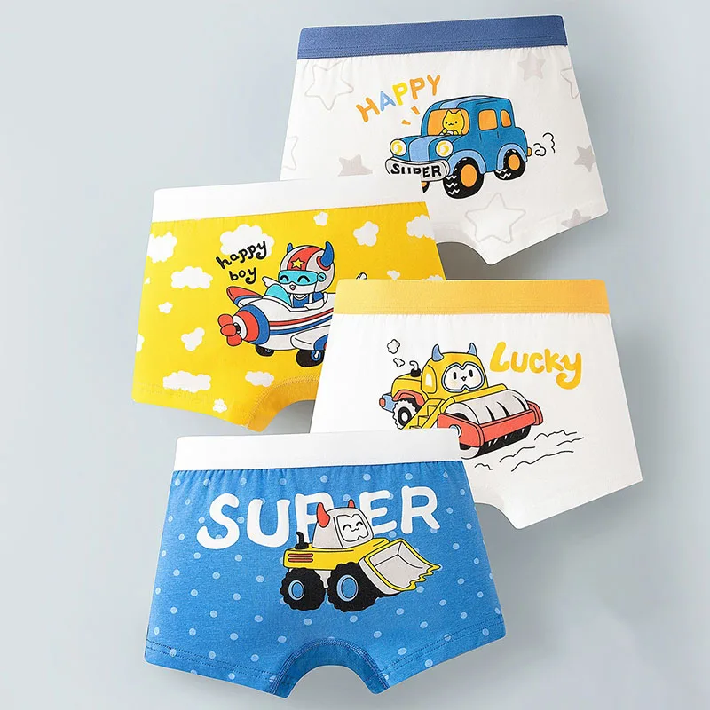 Calzoncillos Boxer de algodón para niños de 4 piezas, Boxers de sensación suave para niños, ropa interior con estampado que no se decolora, calzoncillos Boxer para niños con dibujos animados de coches y camiones