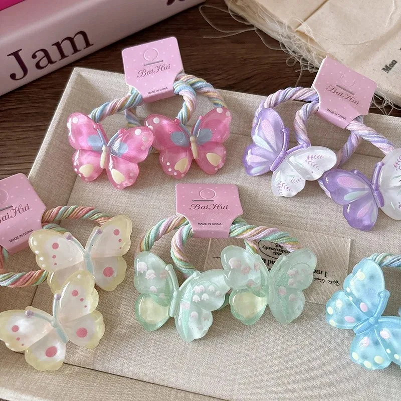 2 uds lazos para el cabello de Color caramelo mariposa transparente coleteros de alta elasticidad para niñas banda para el cabello dulce al por mayor