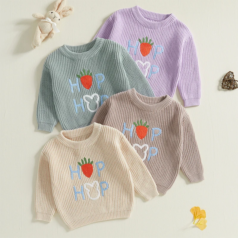 Suéteres de otoño para niñas pequeñas de 0 a 3 años, jerséis de punto con estampado de letras de fresa y manga larga con cuello redondo para niñas pequeñas